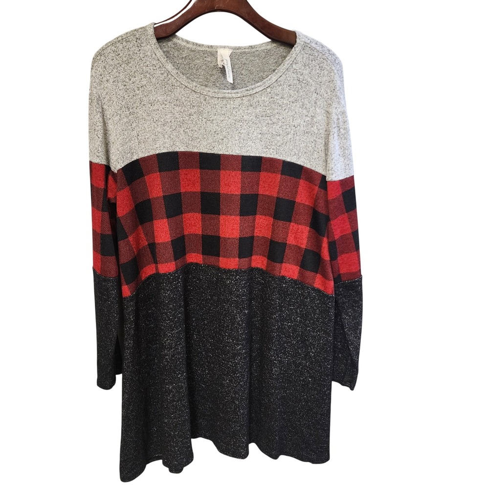 Grateful Hearts Womens 1XL Tunic Colorblock Buffalo Plaid Gray Red Black Top